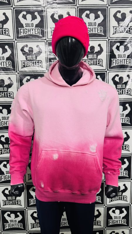 solid fighter custom distressed hoodies cotton fleece two tone washed pink and hot pink