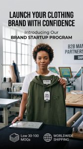 A person in an apparel factory holding a custom green hoodie for the Solid Fighter Brand Startup Program, featuring low MOQs and worldwide shipping.